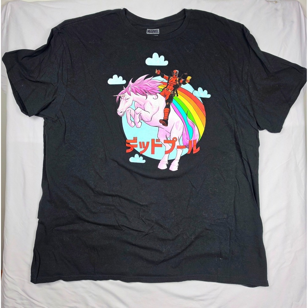 Marvel Deadpool Unicorn Rainbow Japanese Graphic T Shirt Anime Black Mens 3XL